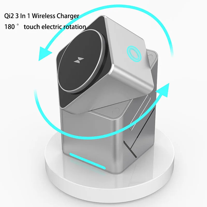 Qi2 3-in-1 Rotating Magnetic Wireless Charging Stand – 15W Fast Charge for Phone, Smartwatch & Earbuds