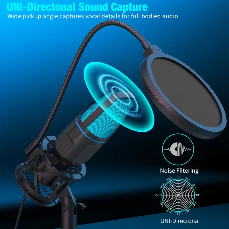 RGB USB Condenser Microphone – Wired Gaming Mic for Podcasting, Streaming & Studio Recording