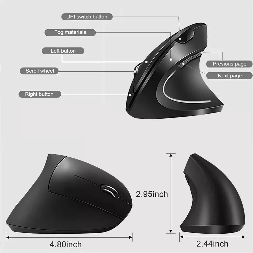 Ergonomic Vertical Wireless Mouse – 2.4GHz, 3 Adjustable DPI & 6 Buttons for Laptop & PC