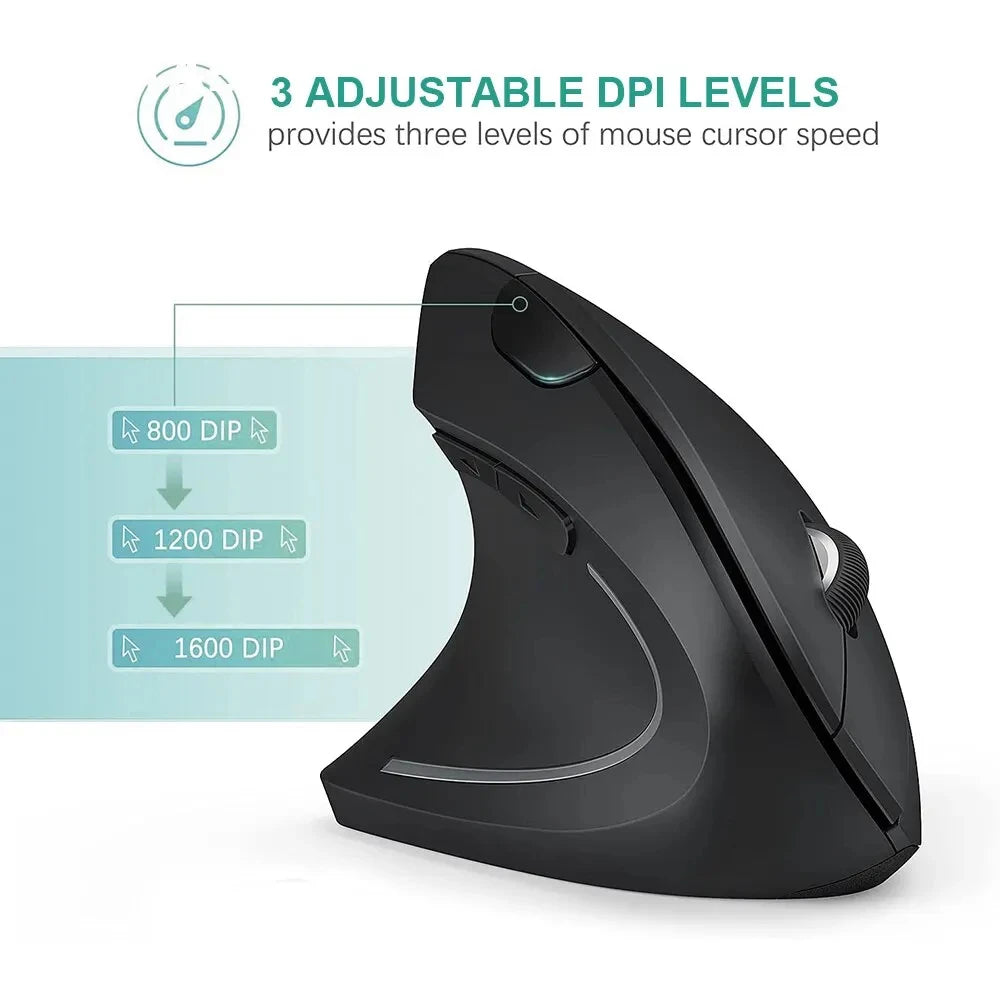 Ergonomic Vertical Wireless Mouse – 2.4GHz, 3 Adjustable DPI & 6 Buttons for Laptop & PC