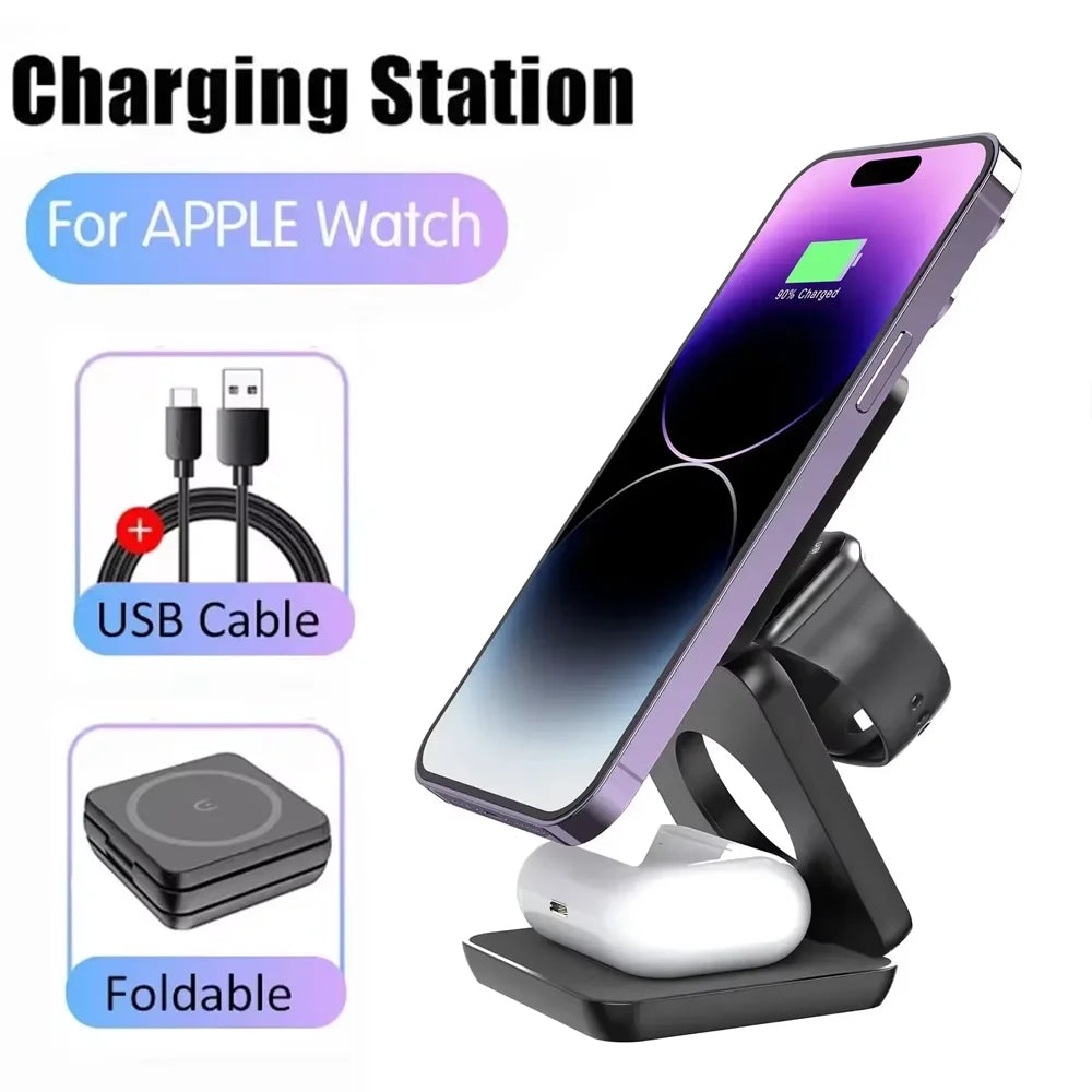 3-in-1 Magnetic Wireless Charging Station – Foldable 30W Fast Charger for Phone, Smartwatch & Earbuds